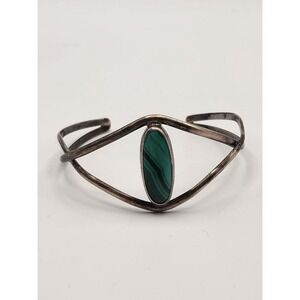 Native American Solid 925 Sterling Silver Bracelet Cuff Malachite Stone Signed